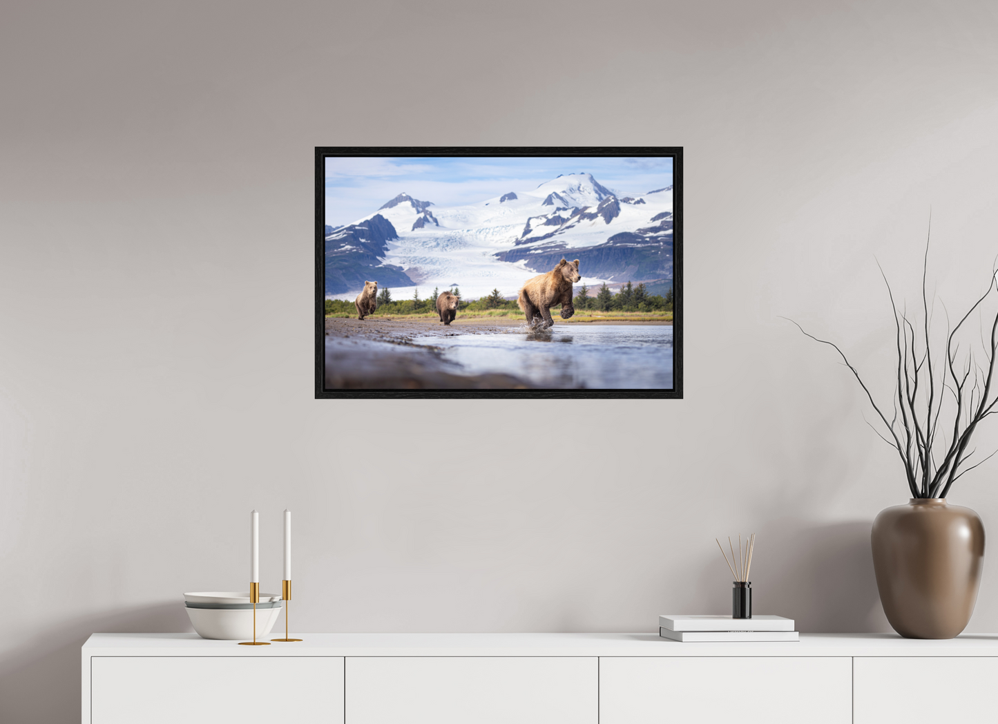 30 x 20″, Floater Frame Coastal Brown Bear Family Dashing Through Katmai National Park