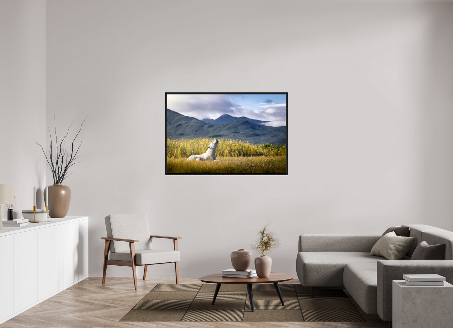 54 x 36″, Floater Frame The Call of the White Wolf