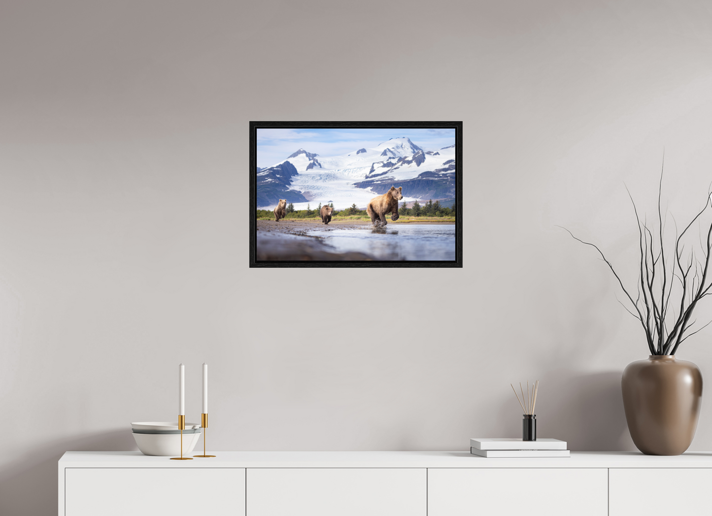 24 x 16″, Floater Frame Coastal Brown Bear Family Dashing Through Katmai National Park