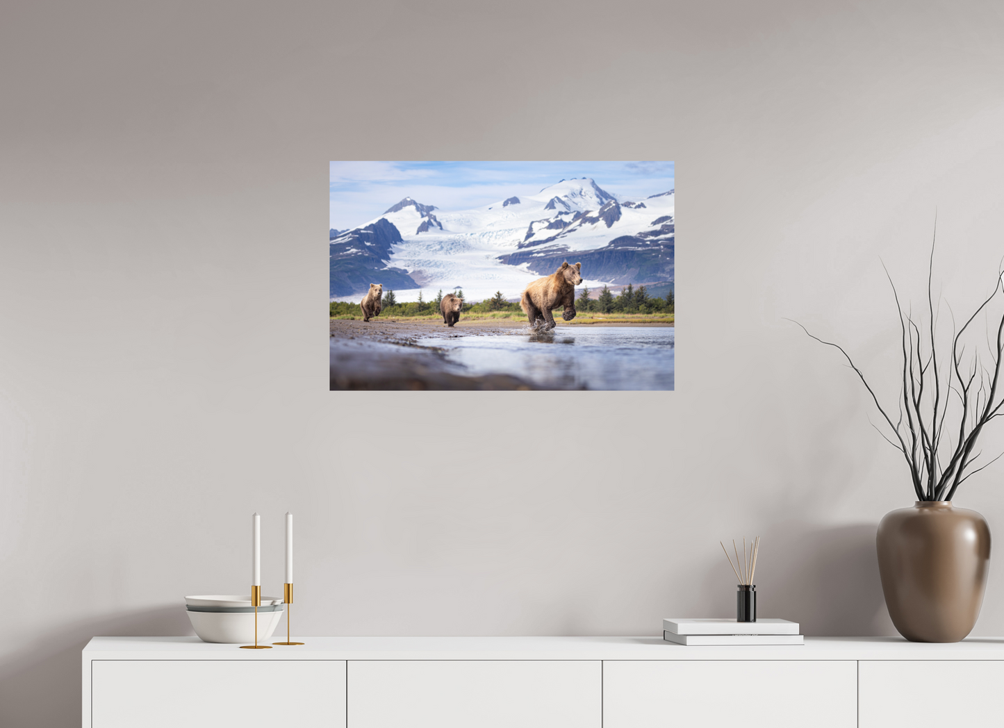 30 x 20″, Photo Print On Fuji Crystal DP II Coastal Brown Bear Family Dashing Through Katmai National Park