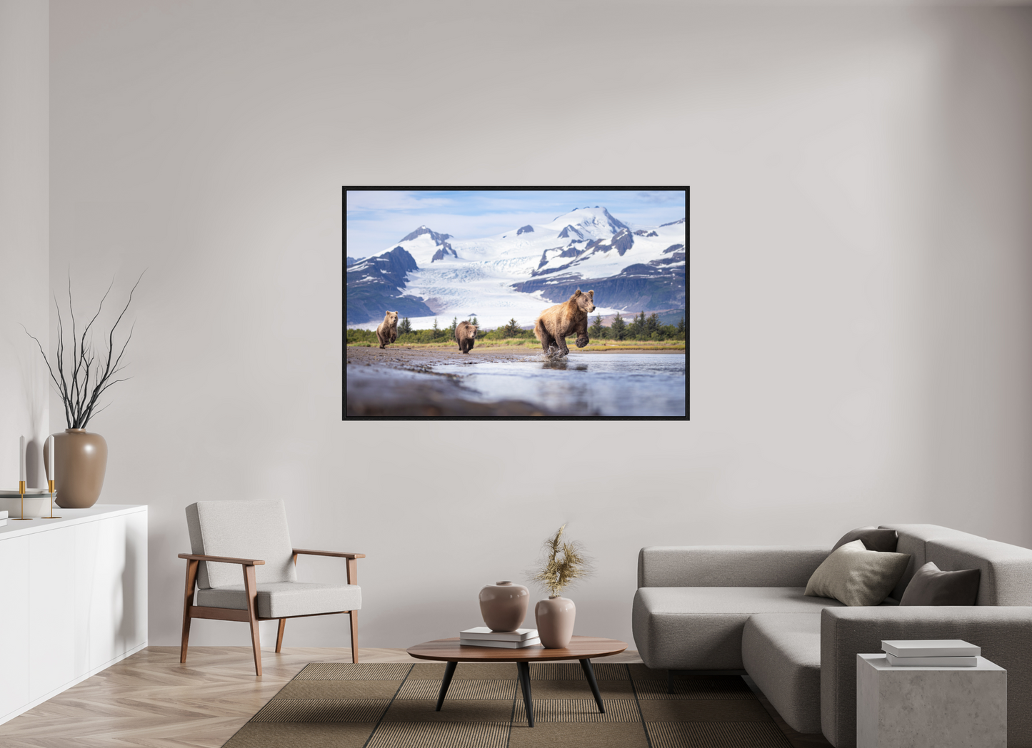 66 x 44″, Floater Frame Coastal Brown Bear Family Dashing Through Katmai National Park