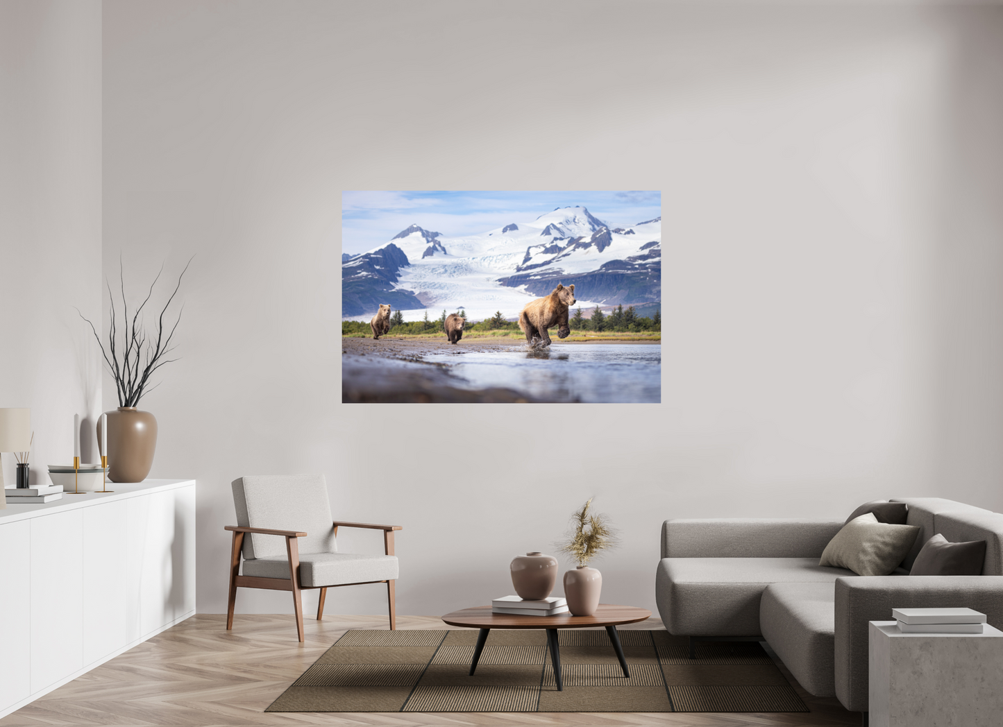 66 x 44″, Photo Print On Fuji Crystal DP II Coastal Brown Bear Family Dashing Through Katmai National Park