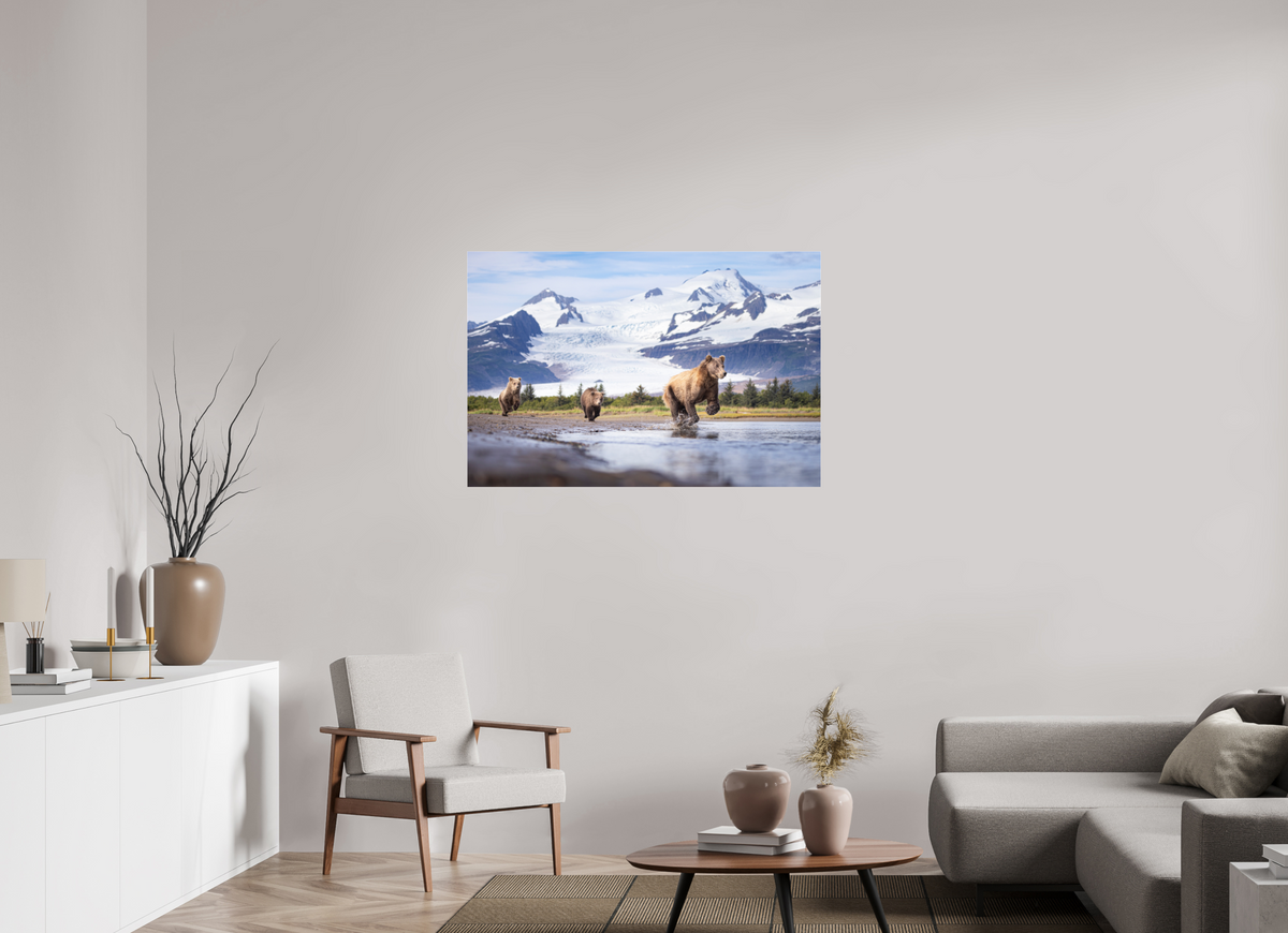 45 x 30″, Photo Print Under Acrylic Glass Coastal Brown Bear Family Dashing Through Katmai National Park